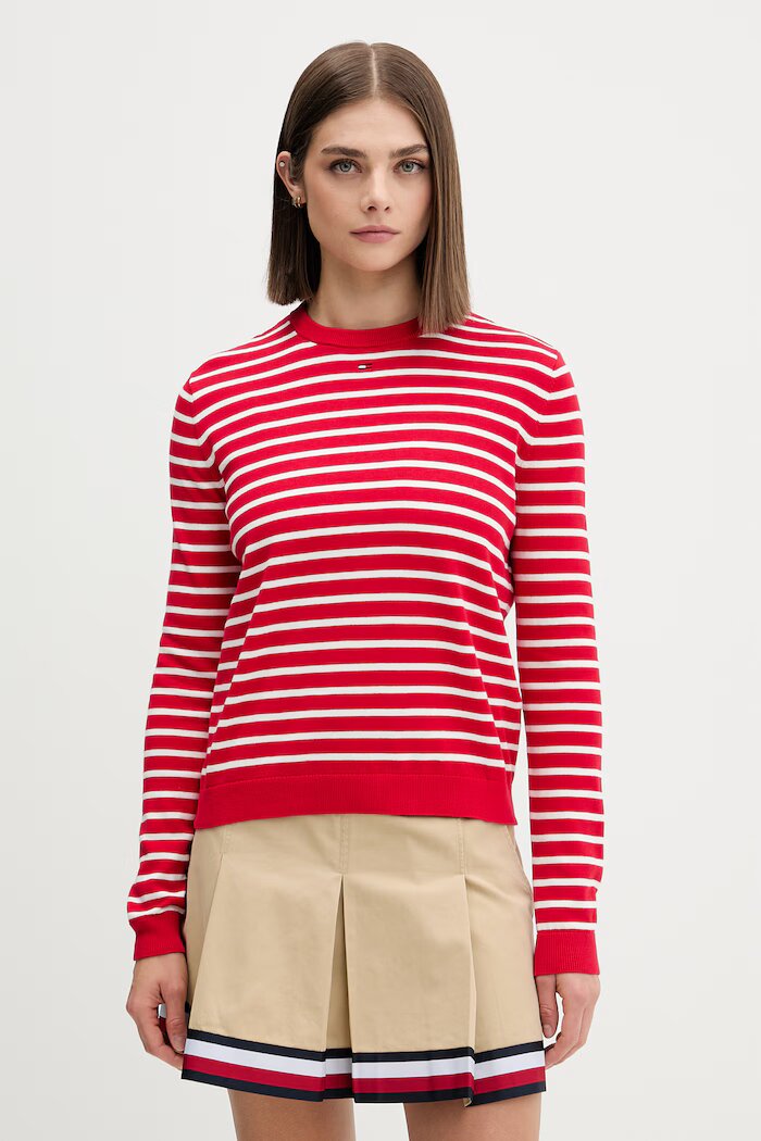 Tommy Jeans пуловер дамски от памук червен DW0DW20159