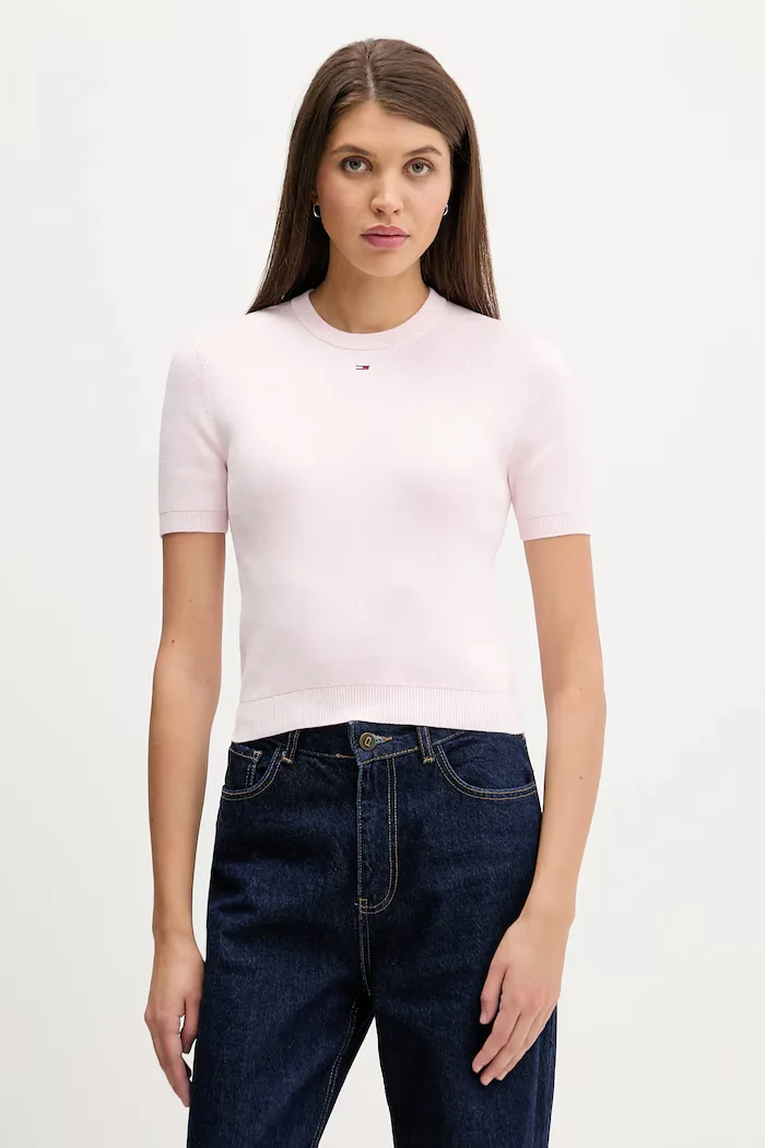 Tommy Jeans пуловер с къси ръкави дамски от памук розов DW0DW19336