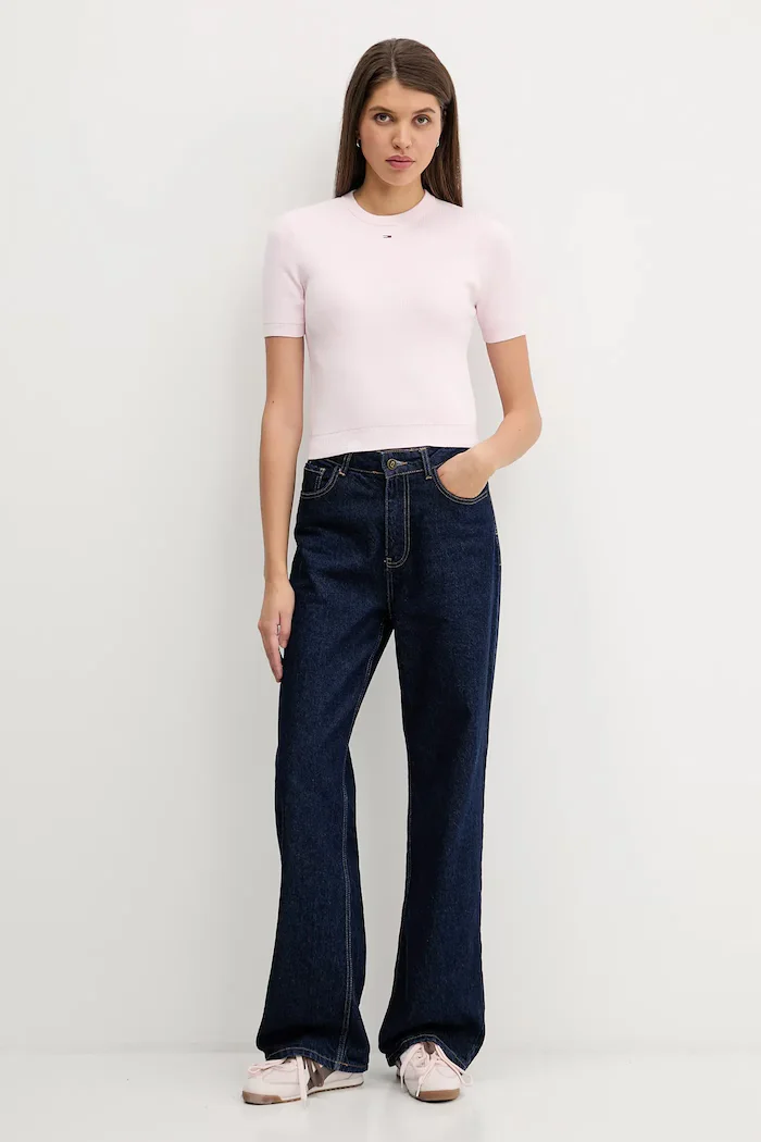 Tommy Jeans пуловер с къси ръкави дамски от памук розов DW0DW19336