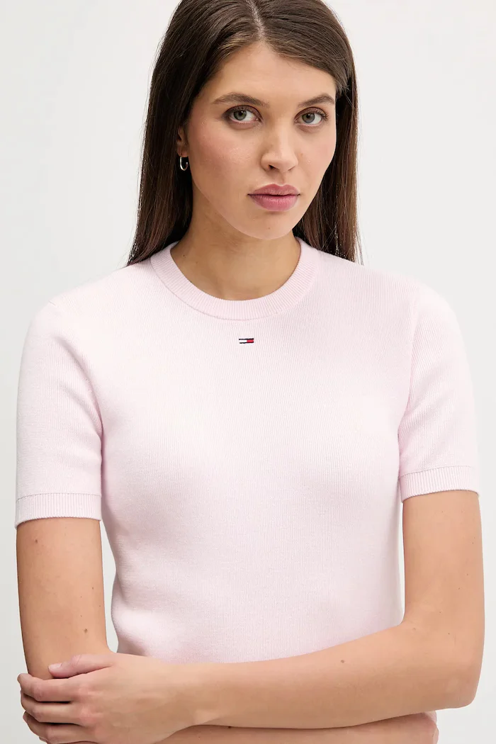 Tommy Jeans пуловер с къси ръкави дамски от памук розов DW0DW19336
