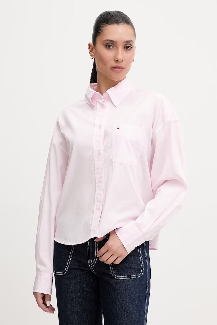 Tommy Jeans риза дамска от памук розова DW0DW22766