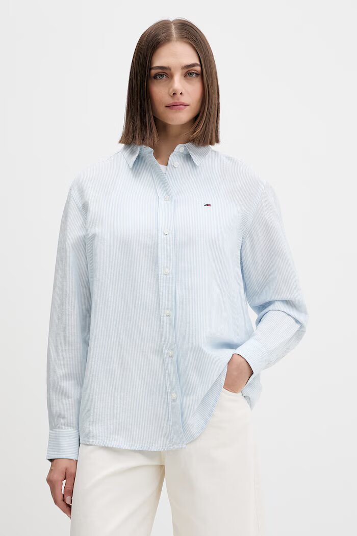 Tommy Jeans риза дамска с лен синя на райе DW0DW22209