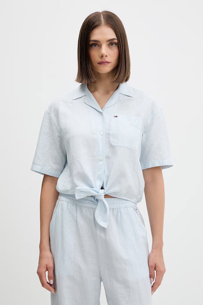 Tommy Jeans риза дамска с лен синя с изчистена шарка DW0DW22210