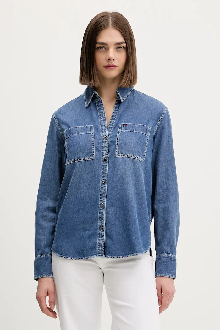 Tommy Jeans Риза дамска в синьо със стандартна кройка с класическа яка DW0DW22007