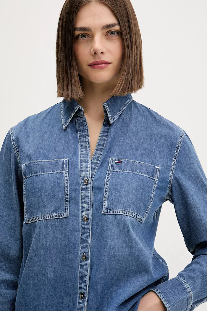 Tommy Jeans Риза дамска в синьо със стандартна кройка с класическа яка DW0DW22007