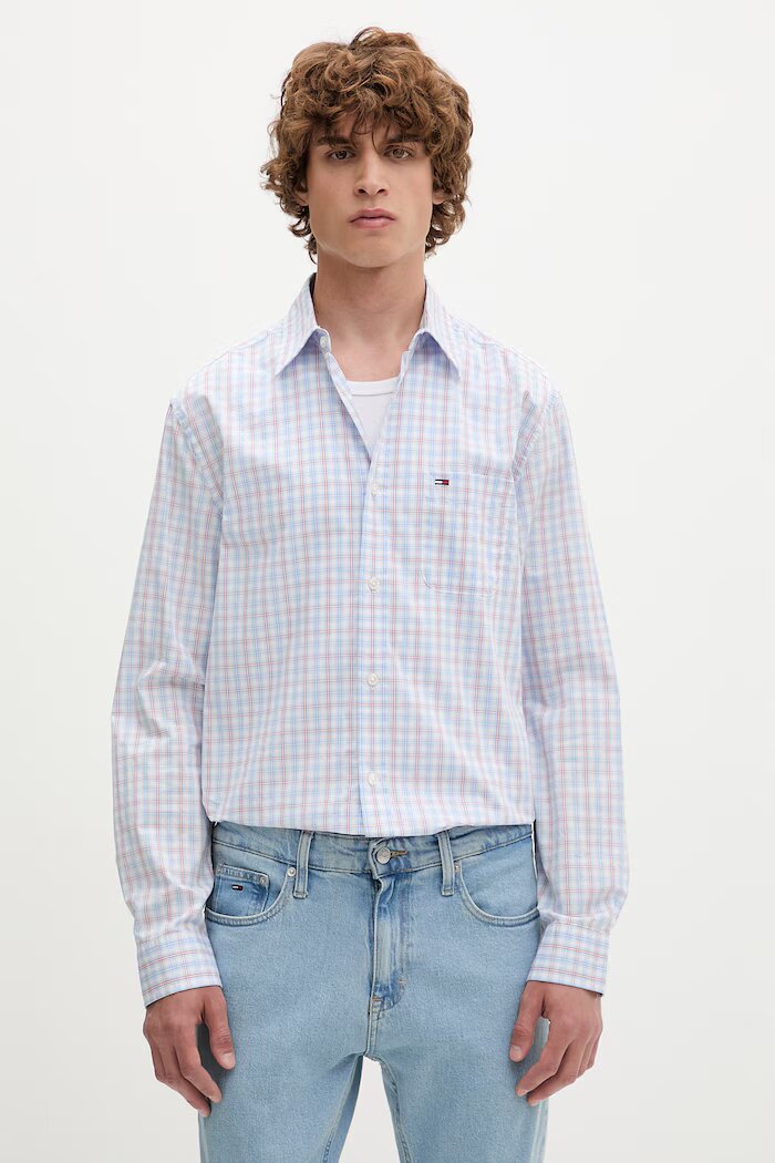 Tommy Jeans риза мъжка от памук синя на каре DM0DM22791
