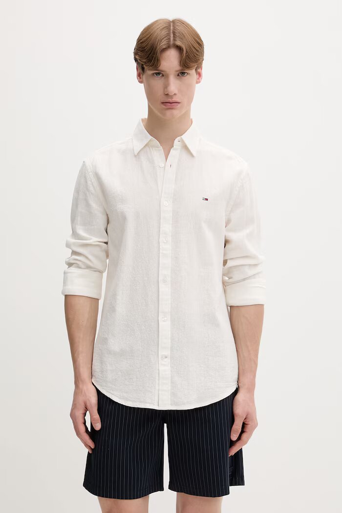 Tommy Jeans риза мъжка с лен бежова с изчистена шарка DM0DM22761