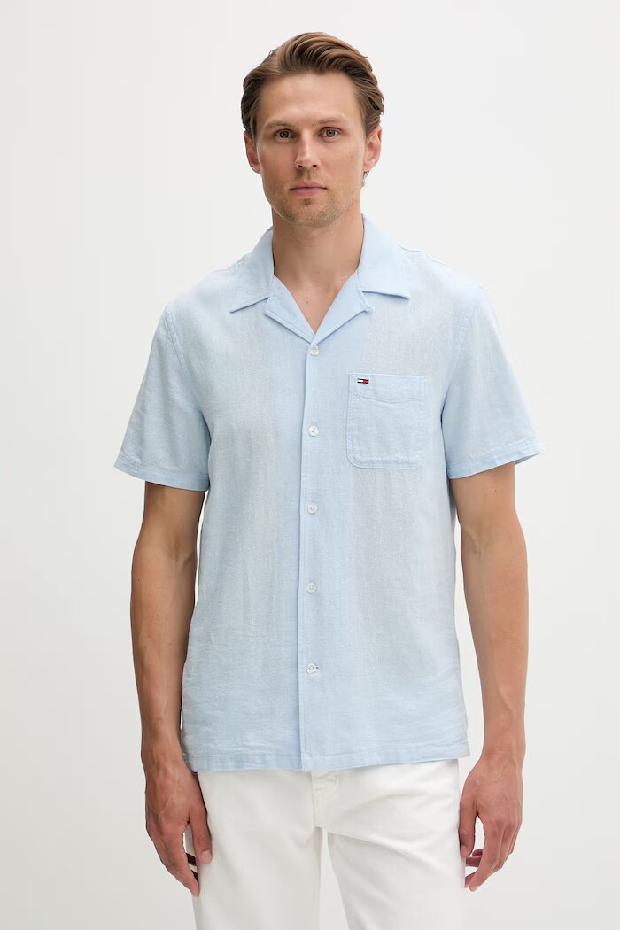 Tommy Jeans риза мъжка с лен синя DM0DM23058