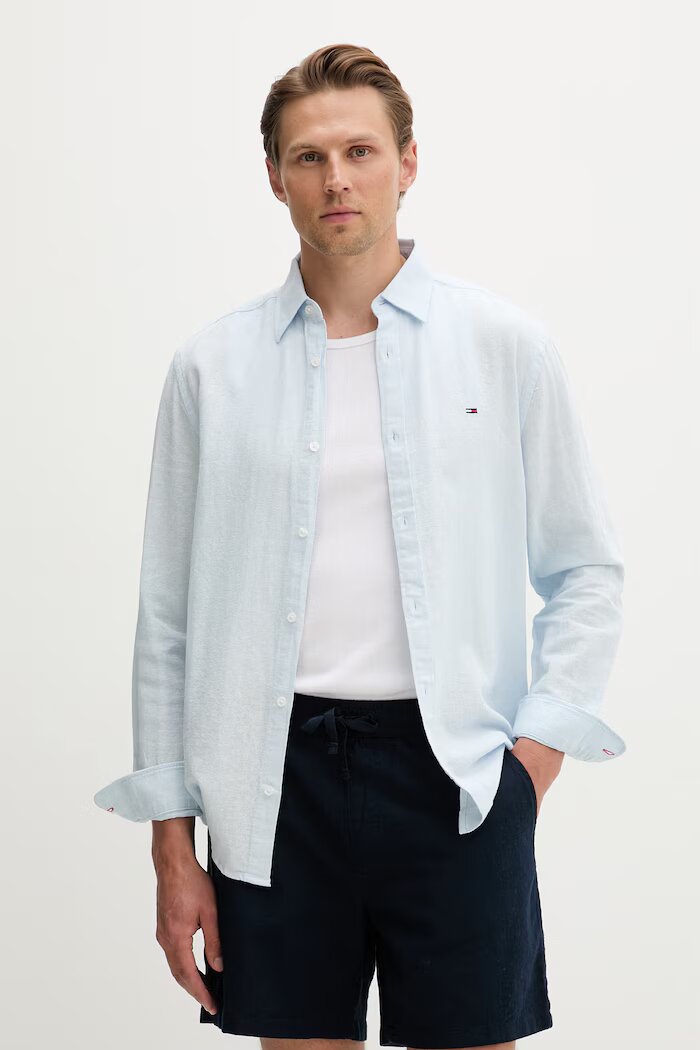 Tommy Jeans риза мъжка с лен синя с изчистена шарка DM0DM22761