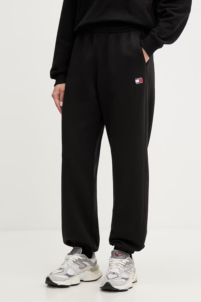 Tommy Jeans спортен панталон дамски от памук черен с висока талия DW0DW22780