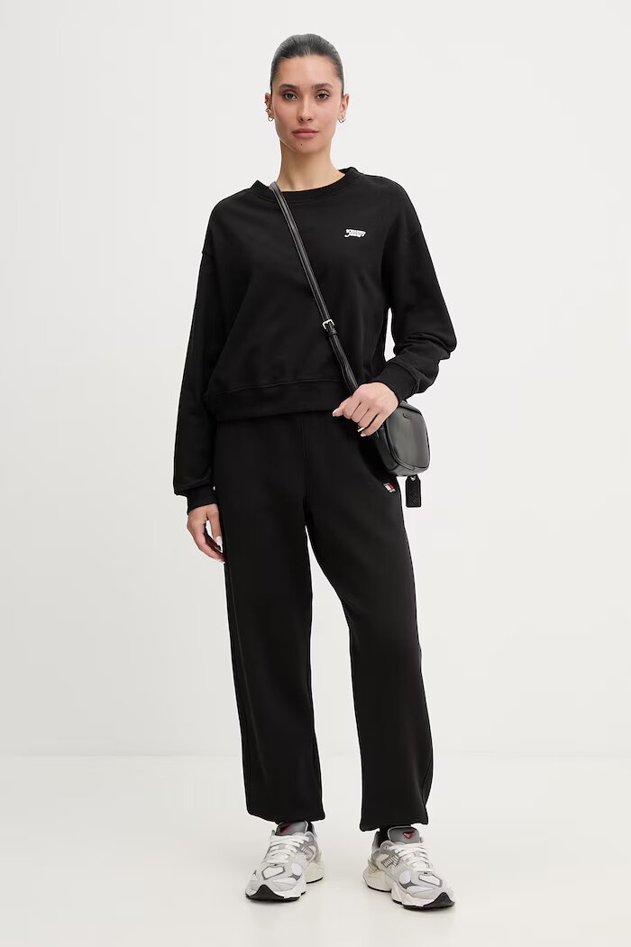 Tommy Jeans спортен панталон дамски от памук черен с висока талия DW0DW22780