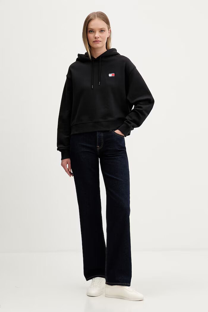 Tommy Jeans Суичър с качулка дамски от памук черен DW0DW22357