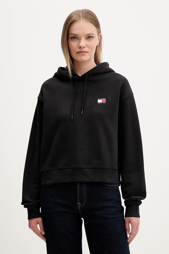 Tommy Jeans Суичър с качулка дамски от памук черен DW0DW22357