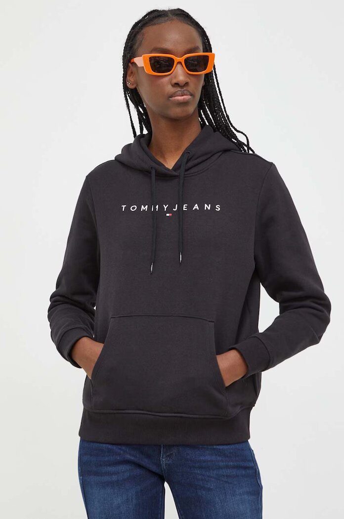 Tommy Jeans суичър с качулка дамски от памук с еластан черен DW0DW17324