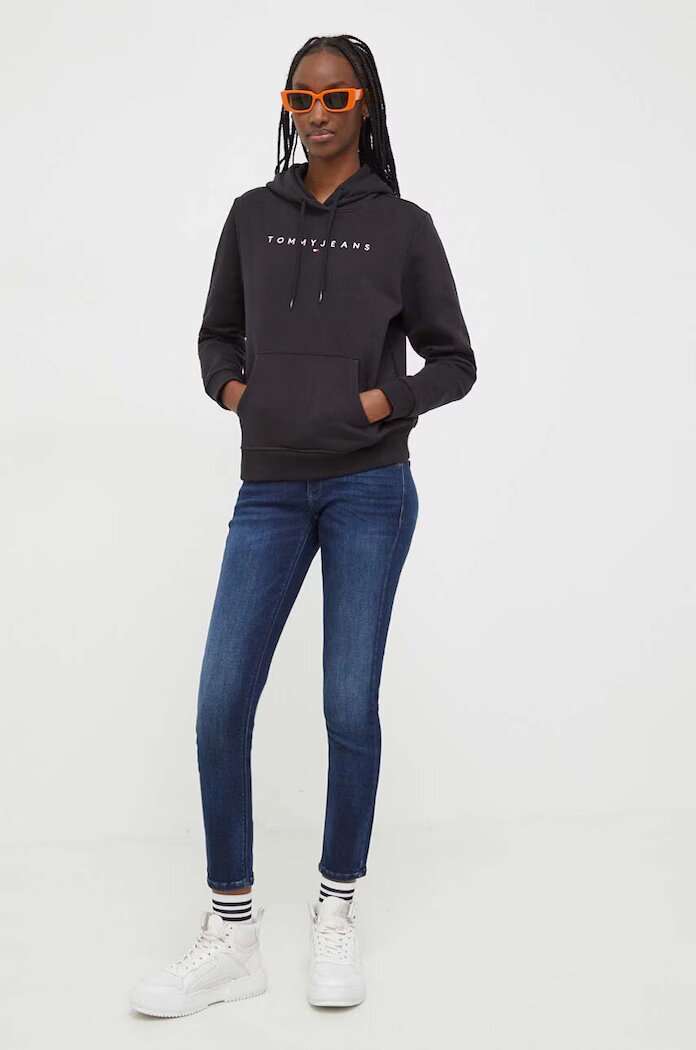Tommy Jeans суичър с качулка дамски от памук с еластан черен DW0DW17324