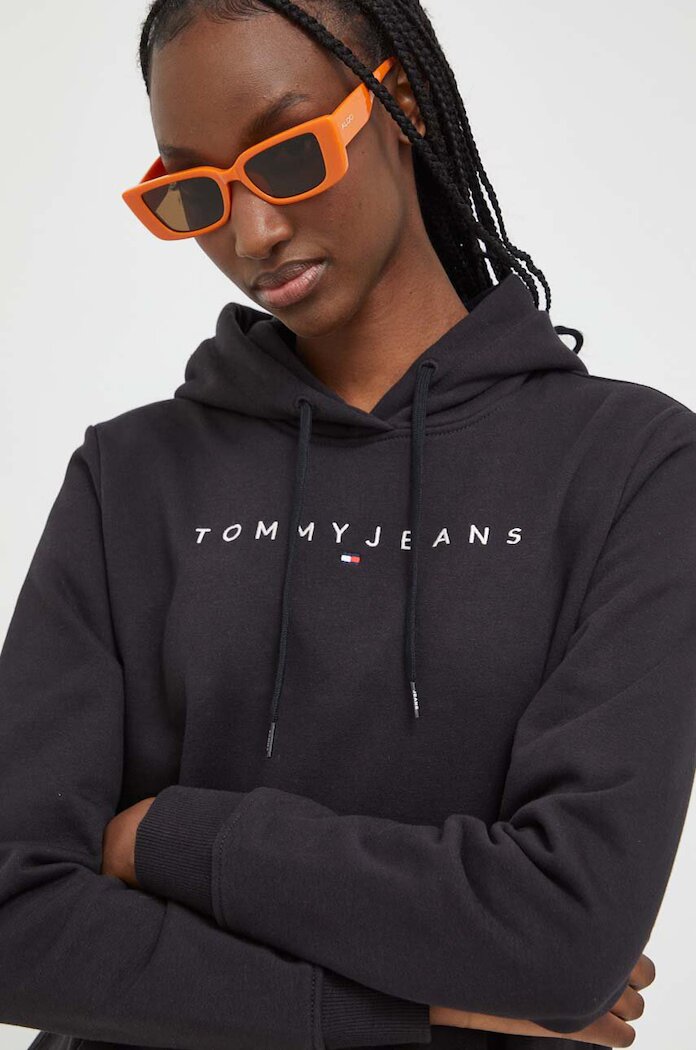 Tommy Jeans суичър с качулка дамски от памук с еластан черен DW0DW17324