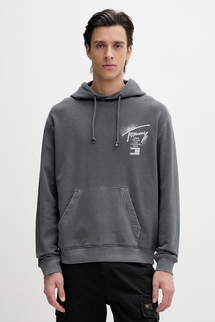 Tommy Jeans суичър с качулка мъжки от памук сив DM0DM22840