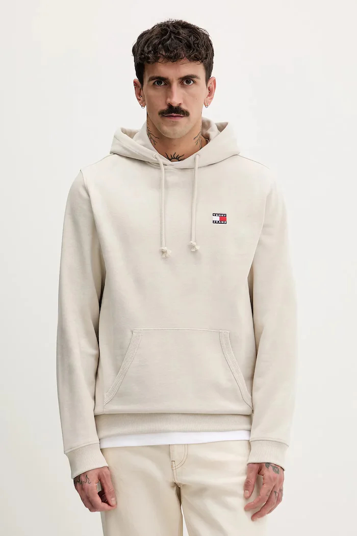 Tommy Jeans суичър с качулка мъжки с памук бежов DM0DM22666