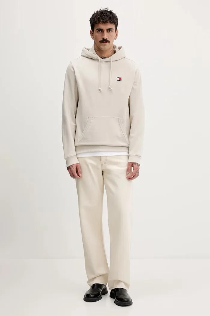 Tommy Jeans суичър с качулка мъжки с памук бежов DM0DM22666