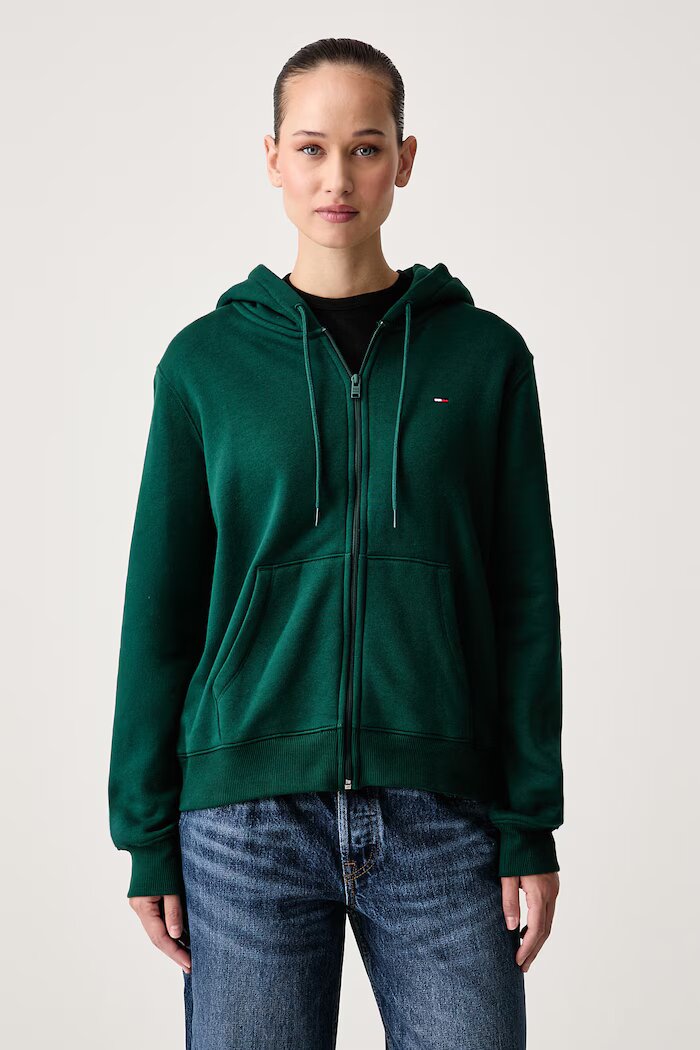 Tommy Jeans суичър с цип дамски с памук зелен DW0DW19729