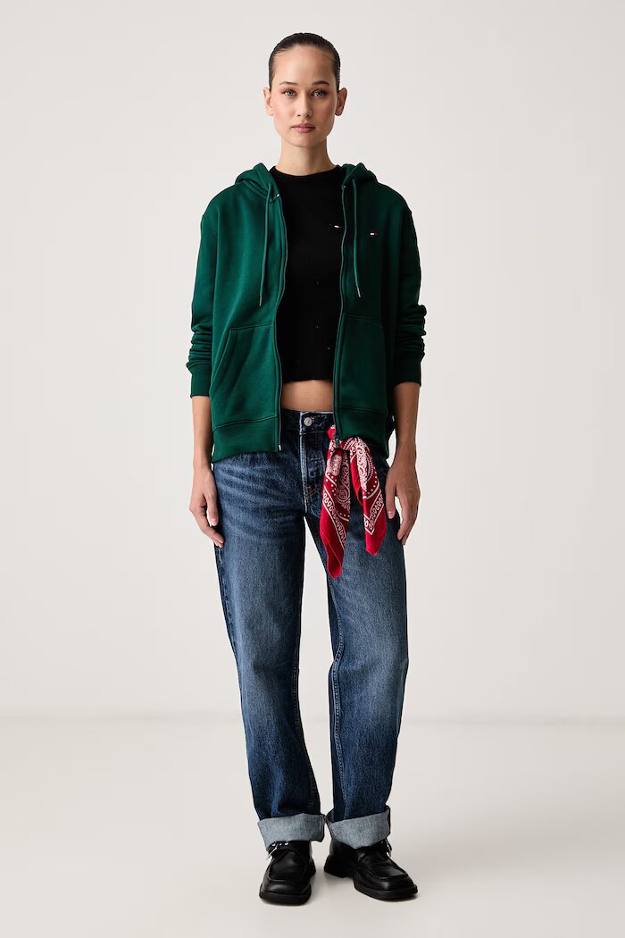Tommy Jeans суичър с цип дамски с памук зелен DW0DW19729