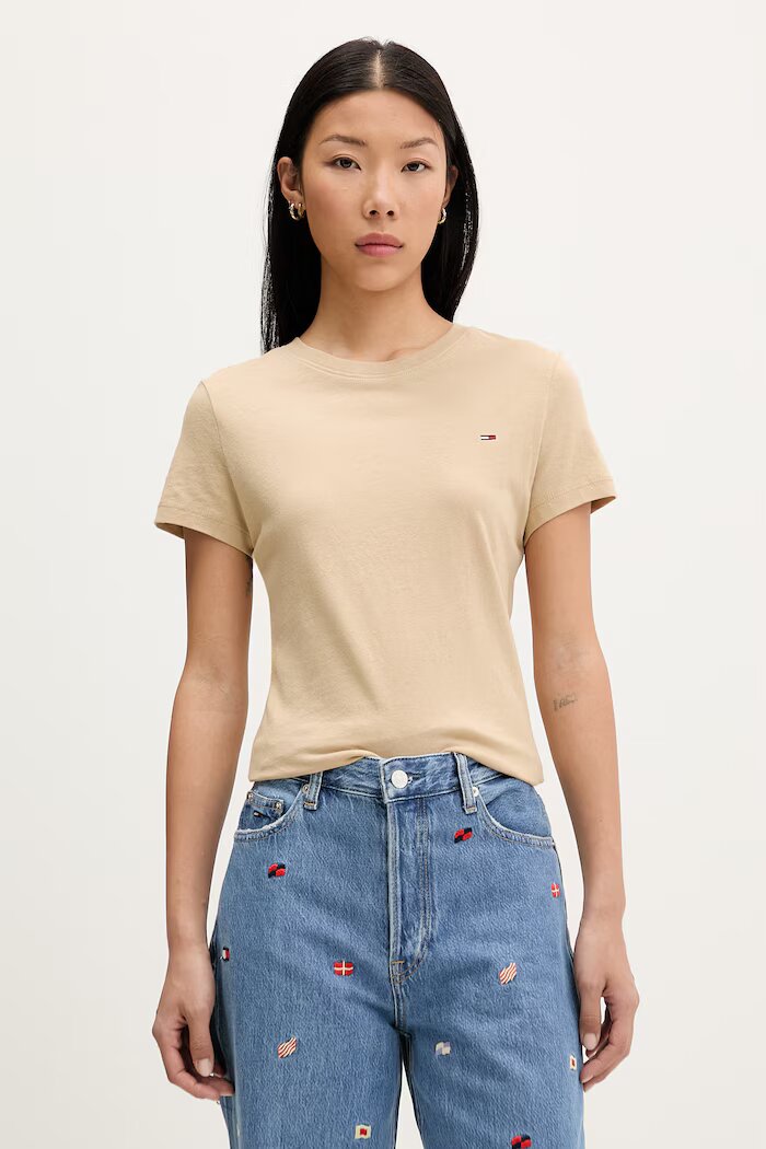Tommy Jeans тениска basic дамска от памук бежова DW0DW20459
