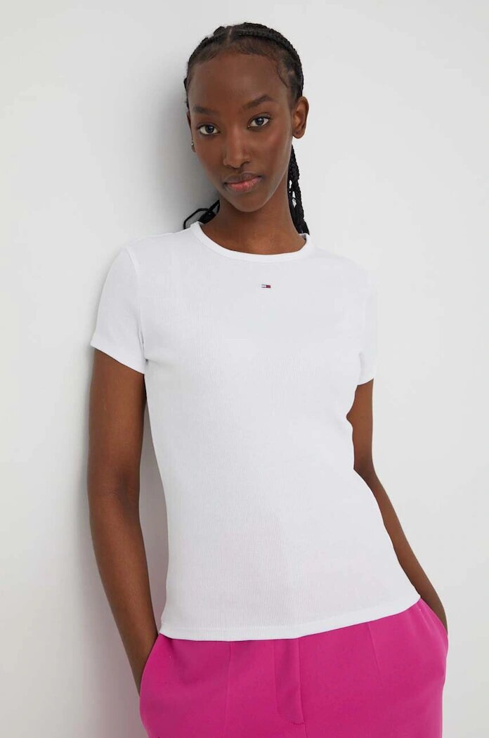 Tommy Jeans тениска basic дамска от памук с еластан бяла DW0DW17383