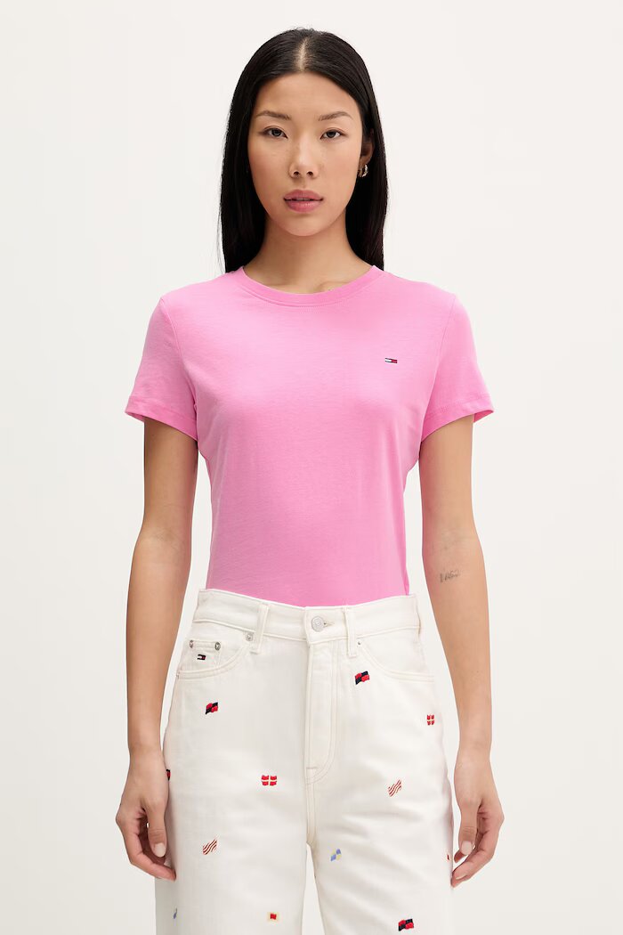 Tommy Jeans тениска базова дамска от памук розова DW0DW20459