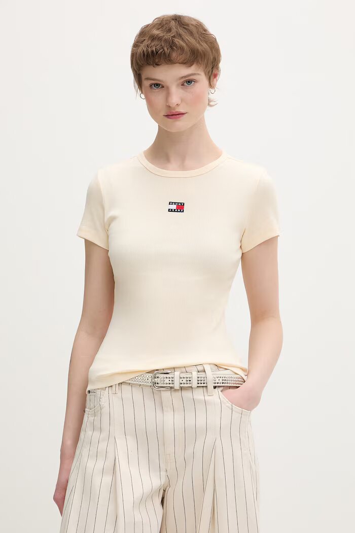 Tommy Jeans тениска дамска от памук с еластан бежова DW0DW17881