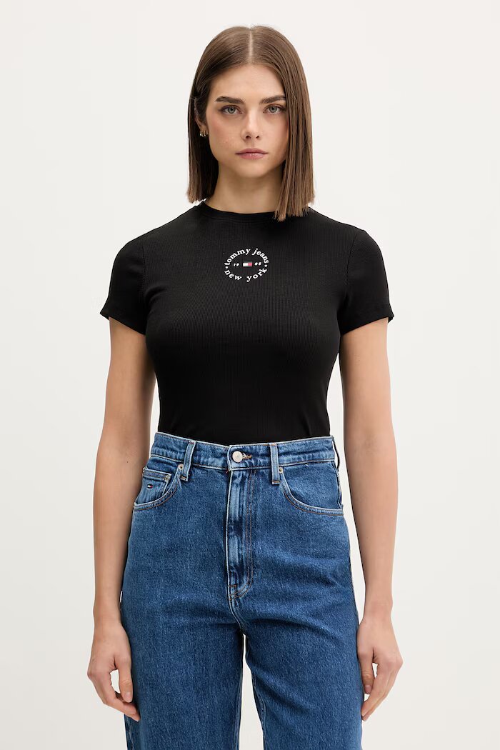 Tommy Jeans тениска дамска от памук с еластан черна DW0DW22807