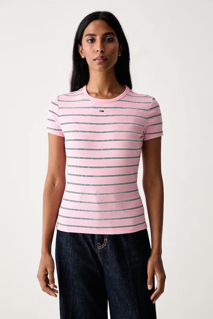 Tommy Jeans тениска дамска от памук с еластан розова DW0DW17383