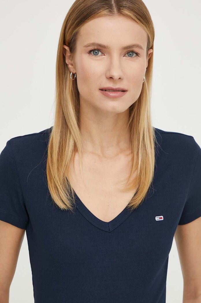 Tommy Jeans тениска дамска от памук с еластан тъмносиня DW0DW17385