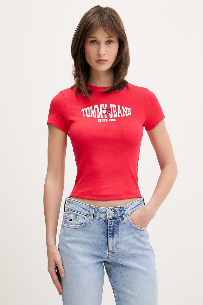 Tommy Jeans тениска дамска с памук червена DW0DW22272