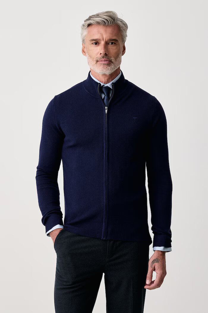 Trussardi пуловер със закопчаване мъжки от вълна тъмносин M0238000025N