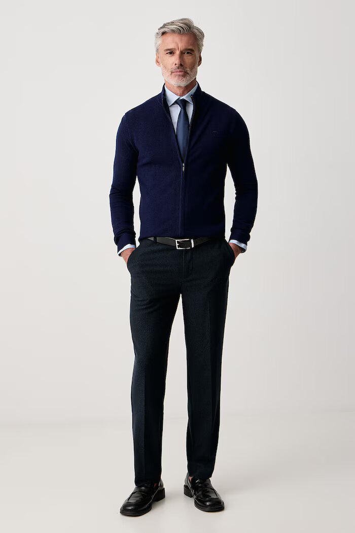 Trussardi пуловер със закопчаване мъжки от вълна тъмносин M0238000025N