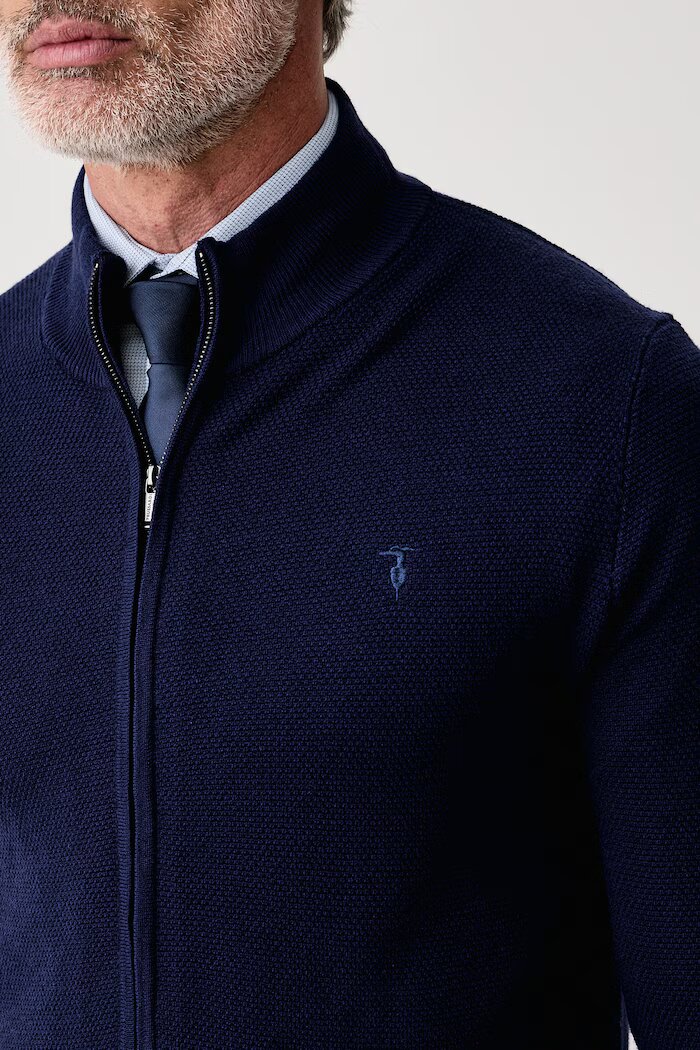 Trussardi пуловер със закопчаване мъжки от вълна тъмносин M0238000025N