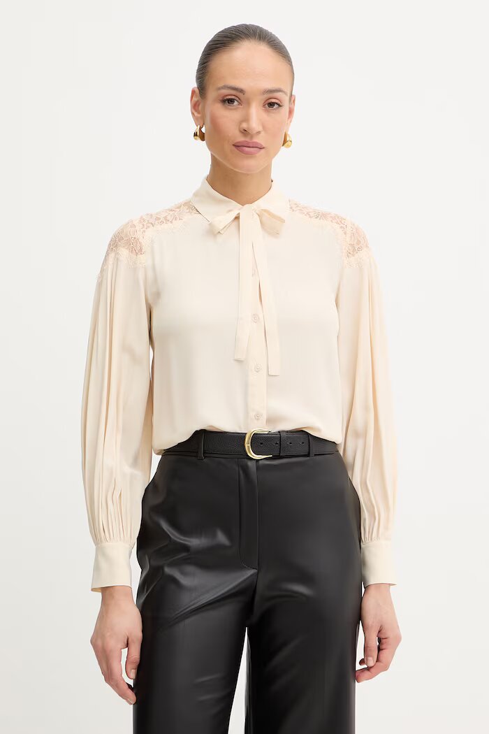 Twinset Риза дамска в бежово със стандартна кройка с класическа яка 261TP2591