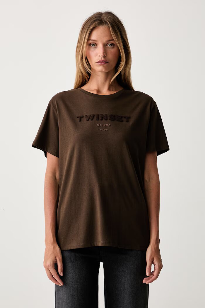 Twinset тениска дамска от памук кафява 262TP2303