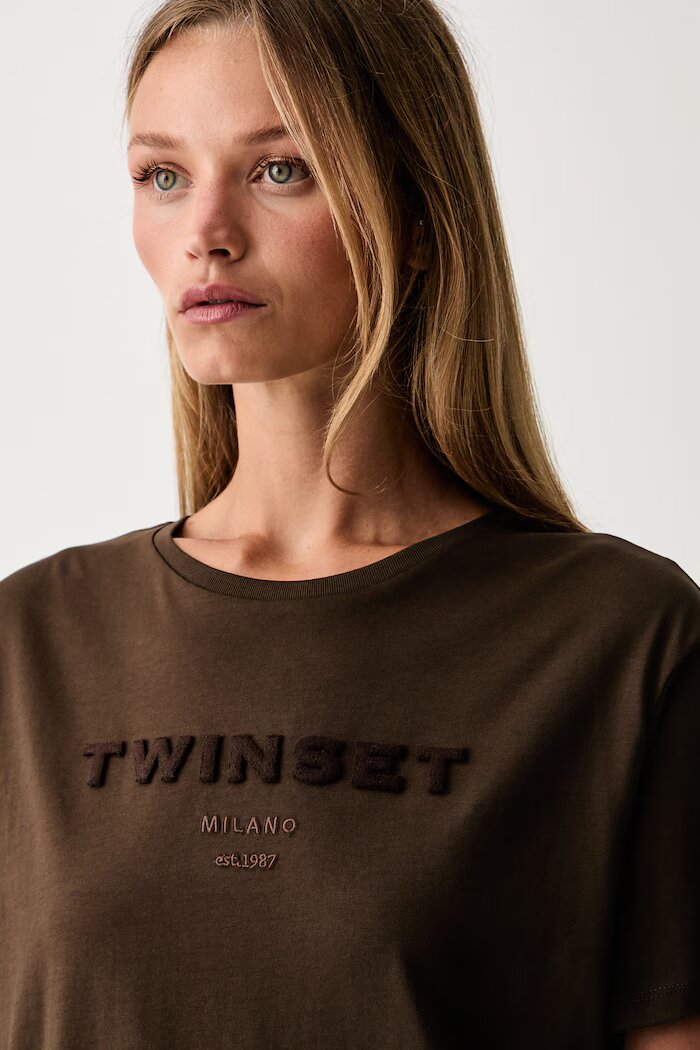 Twinset тениска дамска от памук кафява 262TP2303