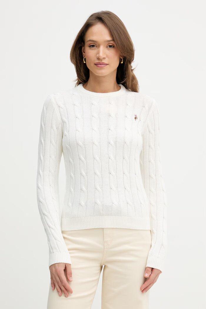 U.S. Polo Assn. пуловер дамски от памук CREW NECK CABLE бежов WUP0398