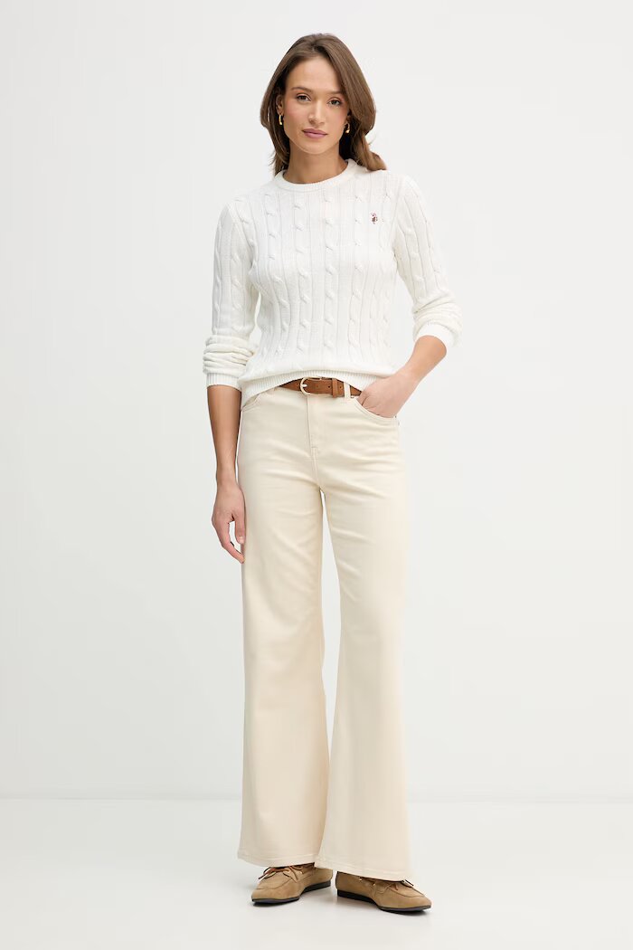 U.S. Polo Assn. пуловер дамски от памук CREW NECK CABLE бежов WUP0398