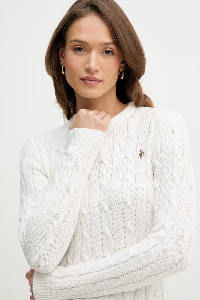U.S. Polo Assn. пуловер дамски от памук CREW NECK CABLE бежов WUP0398