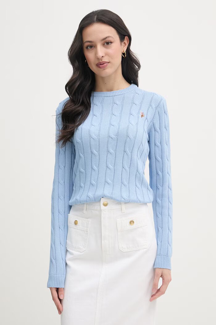 U.S. Polo Assn. пуловер дамски от памук CREW NECK CABLE син WUP0398