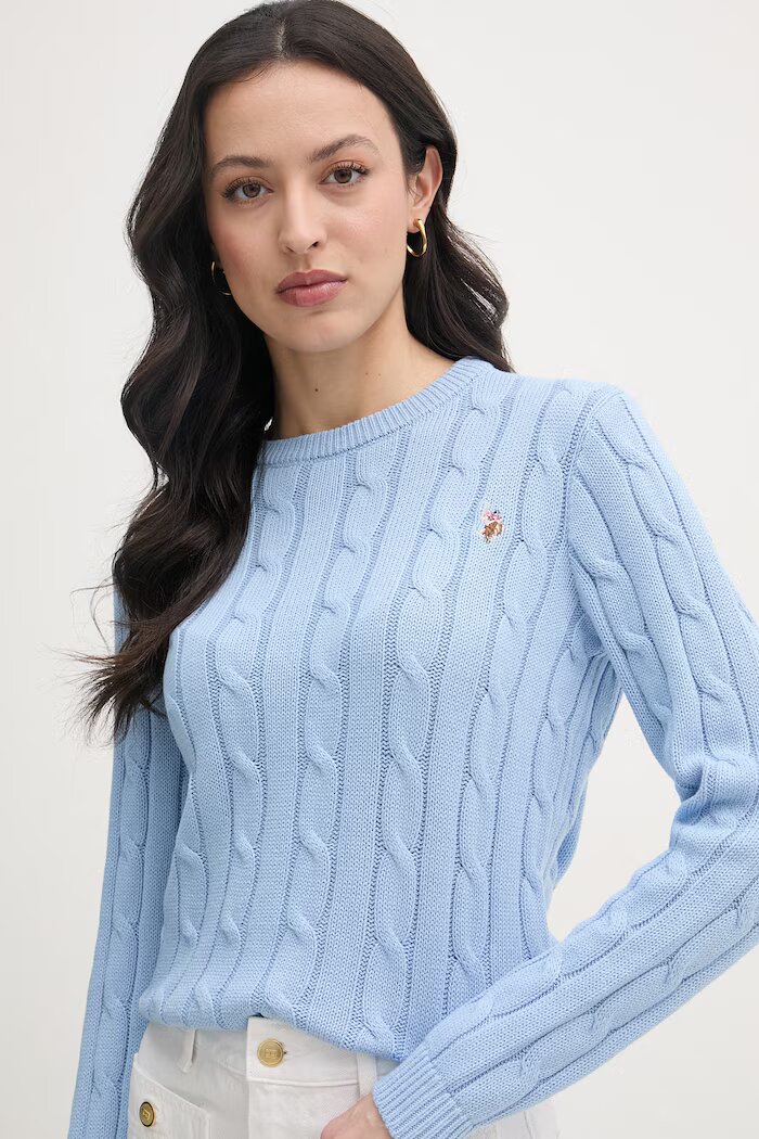 U.S. Polo Assn. пуловер дамски от памук CREW NECK CABLE син WUP0398