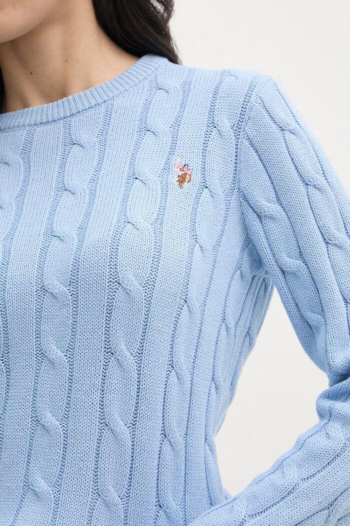 U.S. Polo Assn. пуловер дамски от памук CREW NECK CABLE син WUP0398