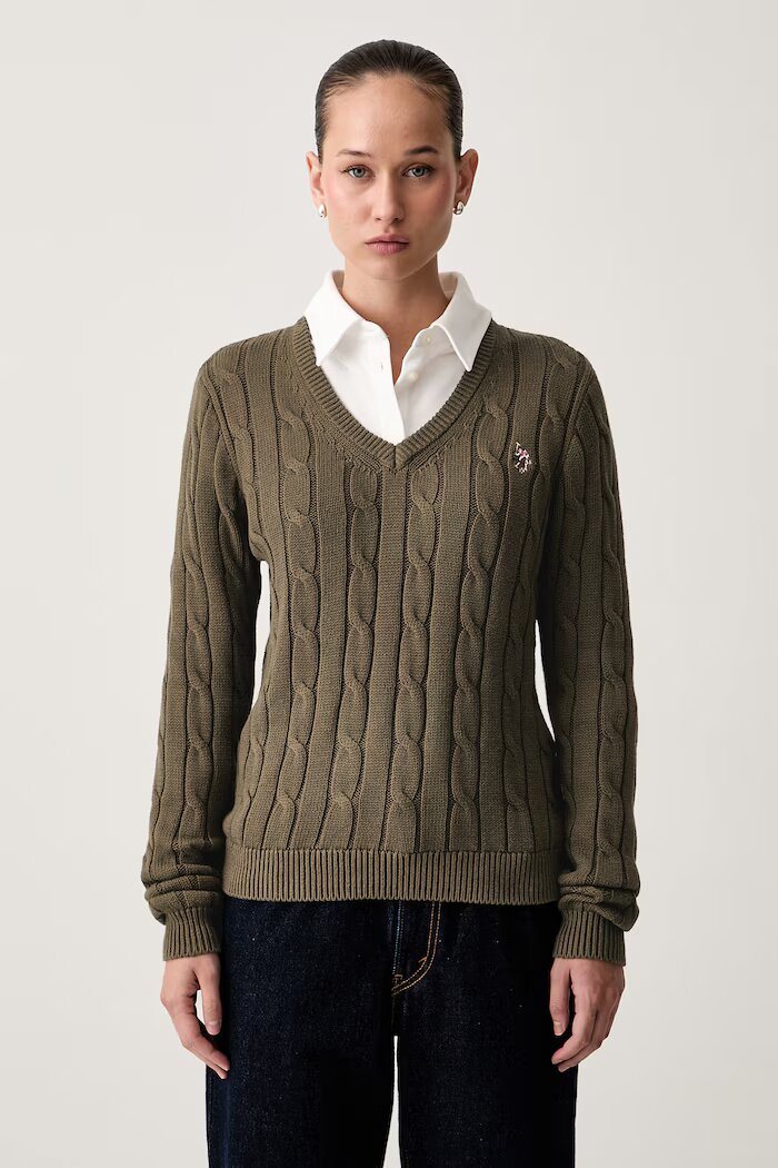 U.S. Polo Assn. пуловер дамски от памук V-NECK CABLE кафяв WUP0397