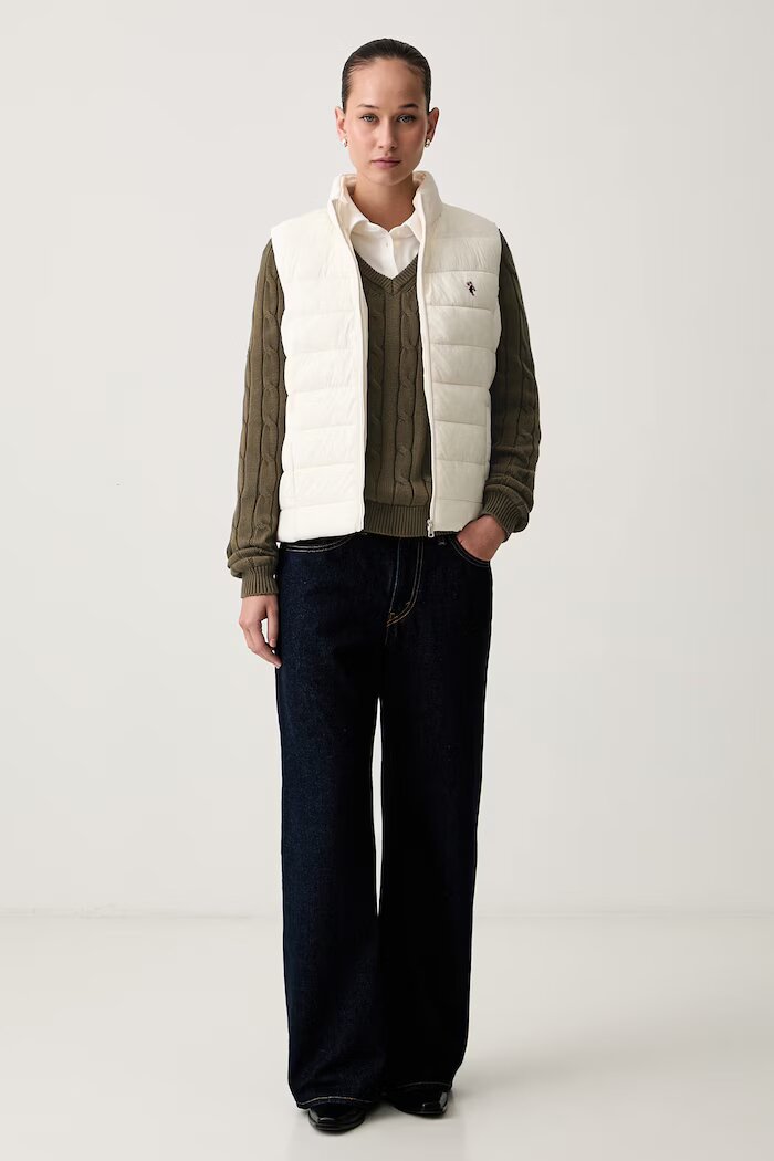 U.S. Polo Assn. пуловер дамски от памук V-NECK CABLE кафяв WUP0397