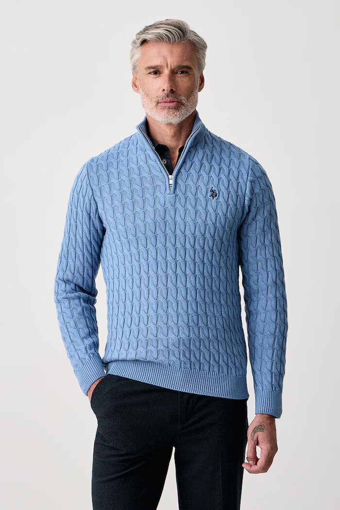 U.S. Polo Assn. пуловер мъжки от памук CLASSIC COTTON CABLE KNIT 1/4 ZIP FUNNEL син MUP5411