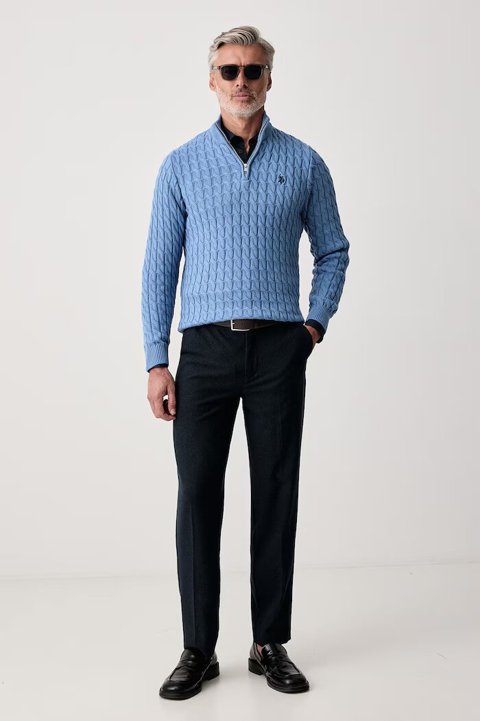 U.S. Polo Assn. пуловер мъжки от памук CLASSIC COTTON CABLE KNIT 1/4 ZIP FUNNEL син MUP5411