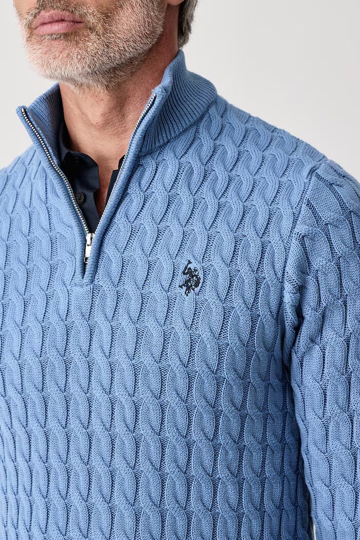 U.S. Polo Assn. пуловер мъжки от памук CLASSIC COTTON CABLE KNIT 1/4 ZIP FUNNEL син MUP5411